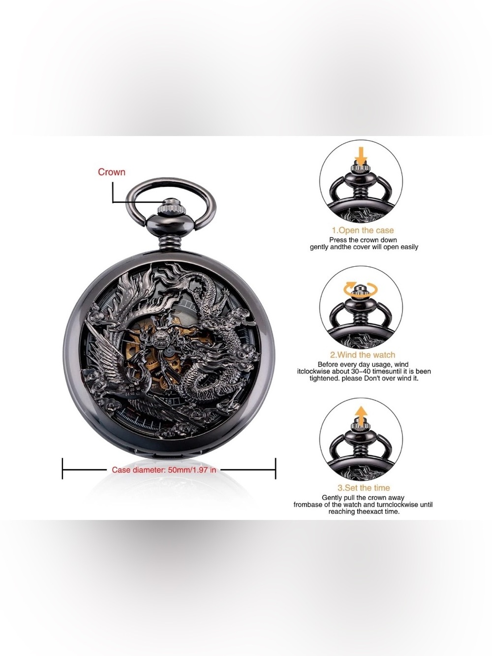 ManChDa Dragon Skeleton Mechanical Pocket Watch Hand Wind Vintage Steampunk - Picture 6 of 14